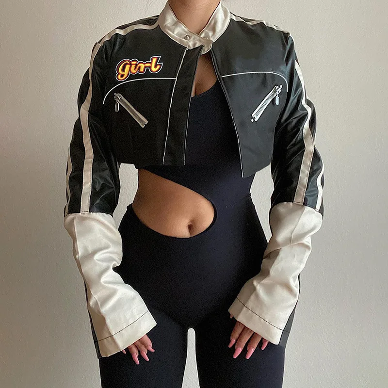 

2021 New Fashion Pu Leather Motorcycle Jacket Zipper Crop Coats For Women Patchwork Leather Short Jacket