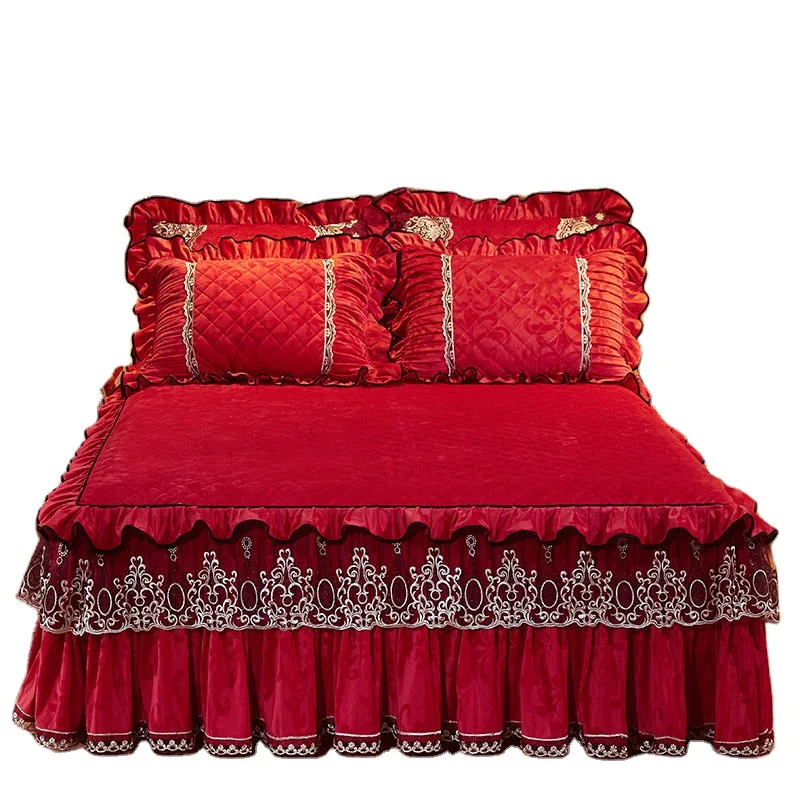 

American Style New Velvet Bed Skirts Set with Lace