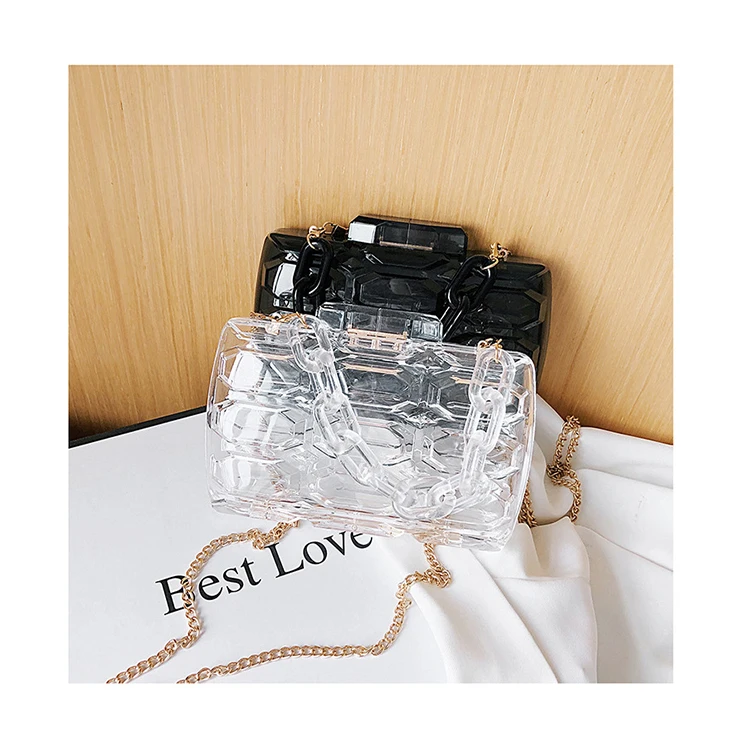 

Tranparsent PVC Jelly Handbags Acrylic Chain Clear Plaid Crossbody Bag Fashion Women Evening Party Clutches Small Square Purses
