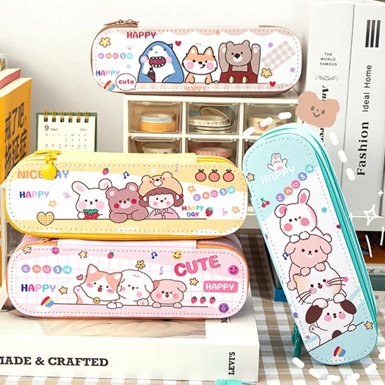 

School kids cartoon kawaii cat design double layer pu pencil case large capacity