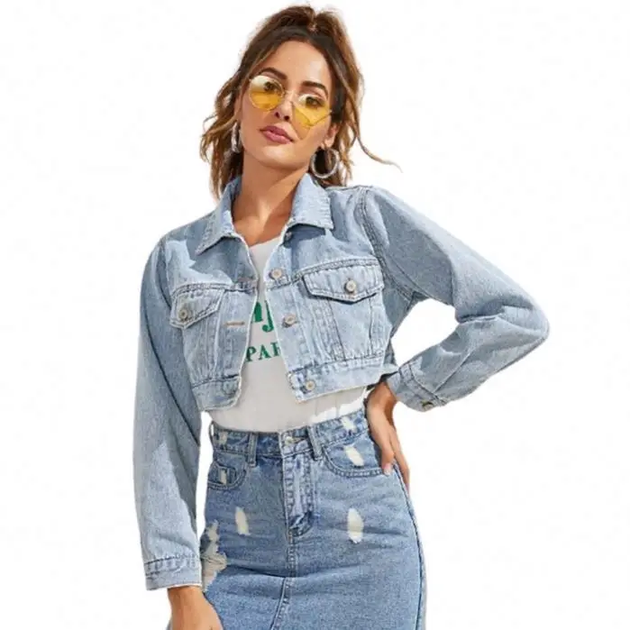 

Women cropped denim Jacket casual fashion Long Sleeve Button Down Distressed washing ULTRA short Crop Jeans Denim Jackets Coat