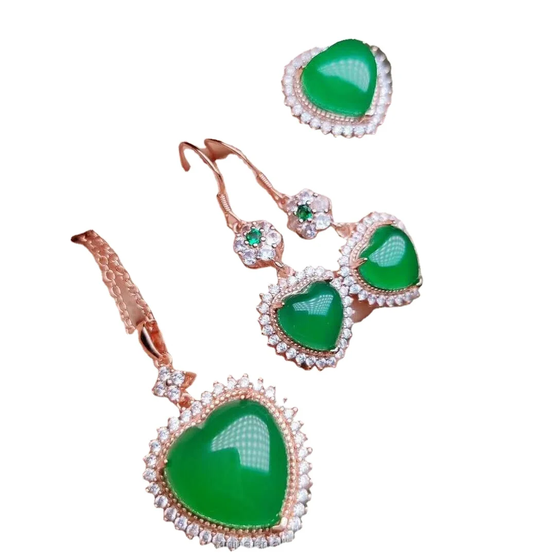 

925 Silver Inlaid Green Chalcedony Necklace Three-Piece Four-Piece Love Pendant Ring Earring Bracelet