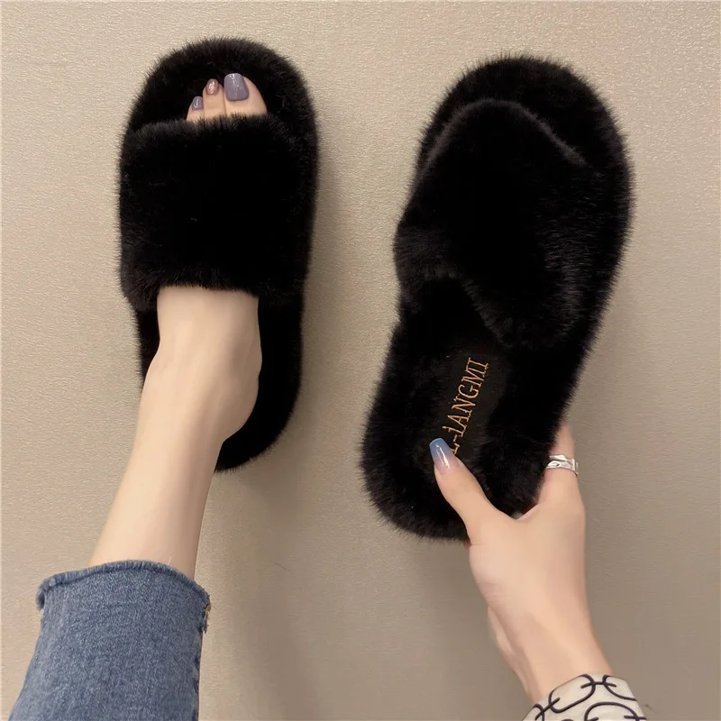 

2021 Autumn Furry Slippers Women'S Shoes Fashion Outer Wear Winter House Shoes Hairy Slippers Wholesale