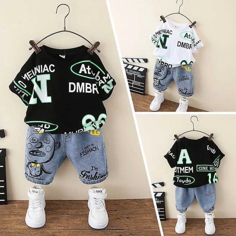 

New style baby boys summer cartoon printed T-shirt with denim jeans shorts 2 pcs clothing set, Picture shows