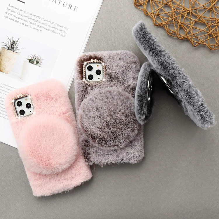 

XINGE Winter Luxury Plush Rabbit Fur Fluffy Mobile Phone Case Cover For Iphone 11 12 13 Pro Max With Mirror