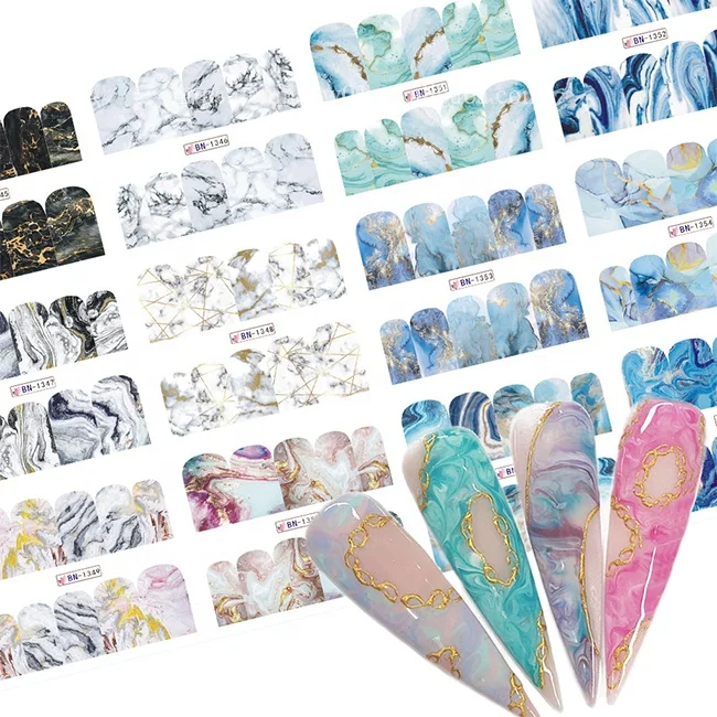

12Pcs Gradient Marble Nail Stickers Flower Letter Leopard Cartoons Sliders for Nails Anime Water Transfer, Photo
