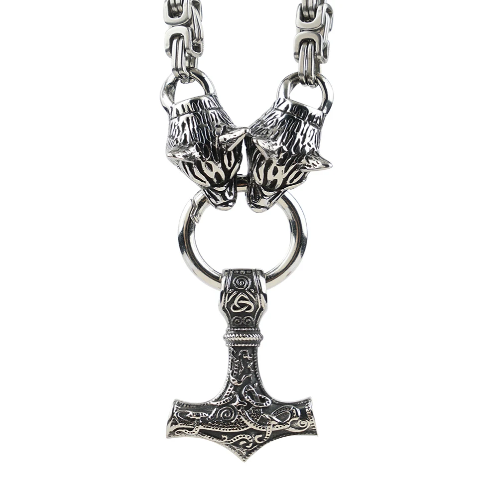 

New Viking Thor's Hammer Pendant Necklace Titanium Stainless Steel Retro Jewelry Wolf Head Chain Necklace Wholesale Amulet Charm, Silver color