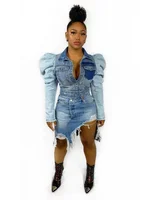 

B51173A New design women fashion contrast color puff sleeve denim jacket