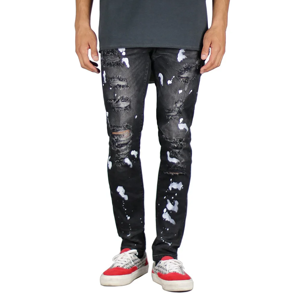 

2022 fashion man denim pants trend paint splash ink printed ripped jeans for men, Blue