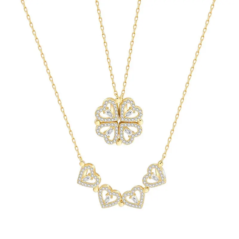 

New full diamond heart-to-heart lucky clover variable stainless steel necklace magnetic fashion necklace