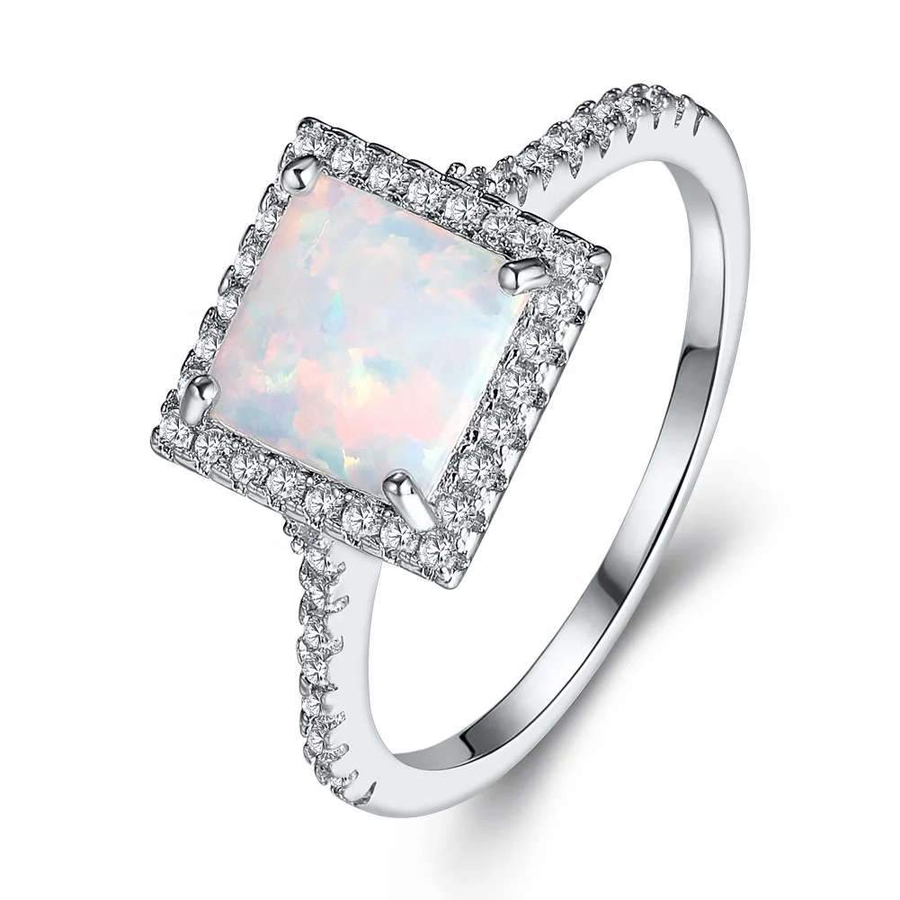 

Women Jewelry Fashion Brass Ring Square Synthetic Opal Ring Zircon Ring