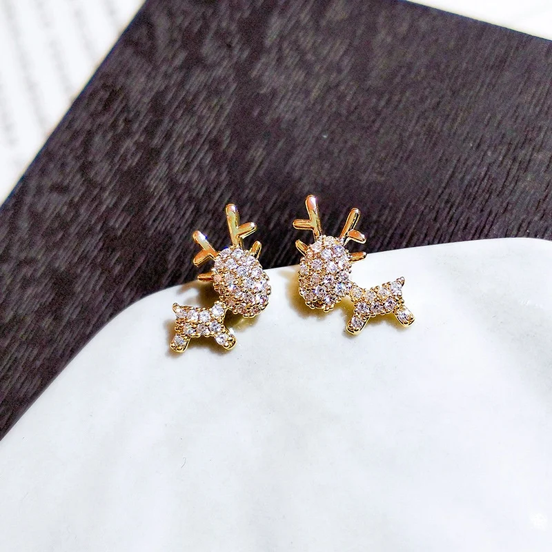 

Cute Deer Elk Stud Cubic Zirconia Gold Stud Earrings for Women Temperament Korean Version Ear Stud Earrings Personality Jewelry