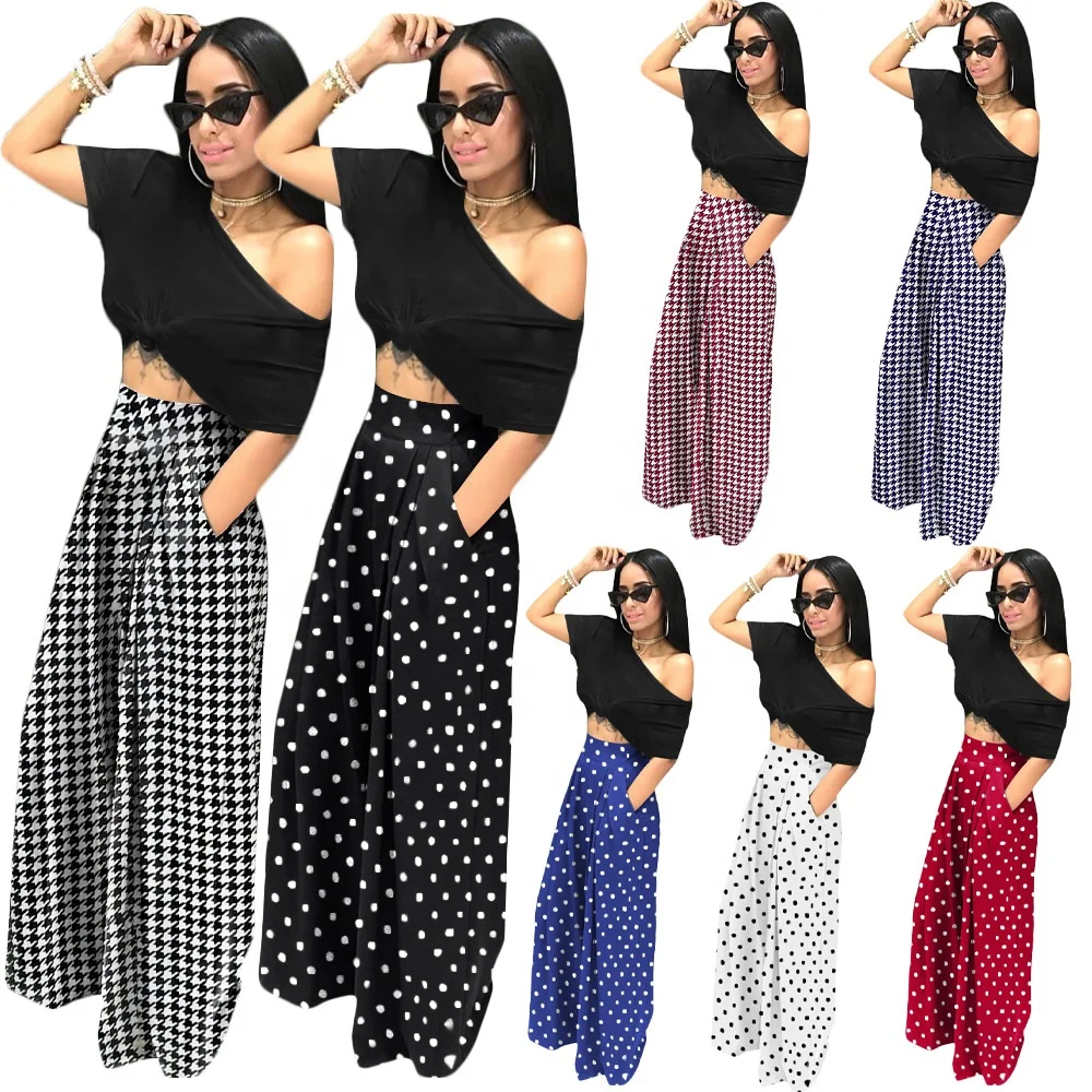 

Wholesale Cheap Houndstooth Print Pants Womens Fashion Casual Wide Leg Baggy Trousers High Waist Pants For Ladies