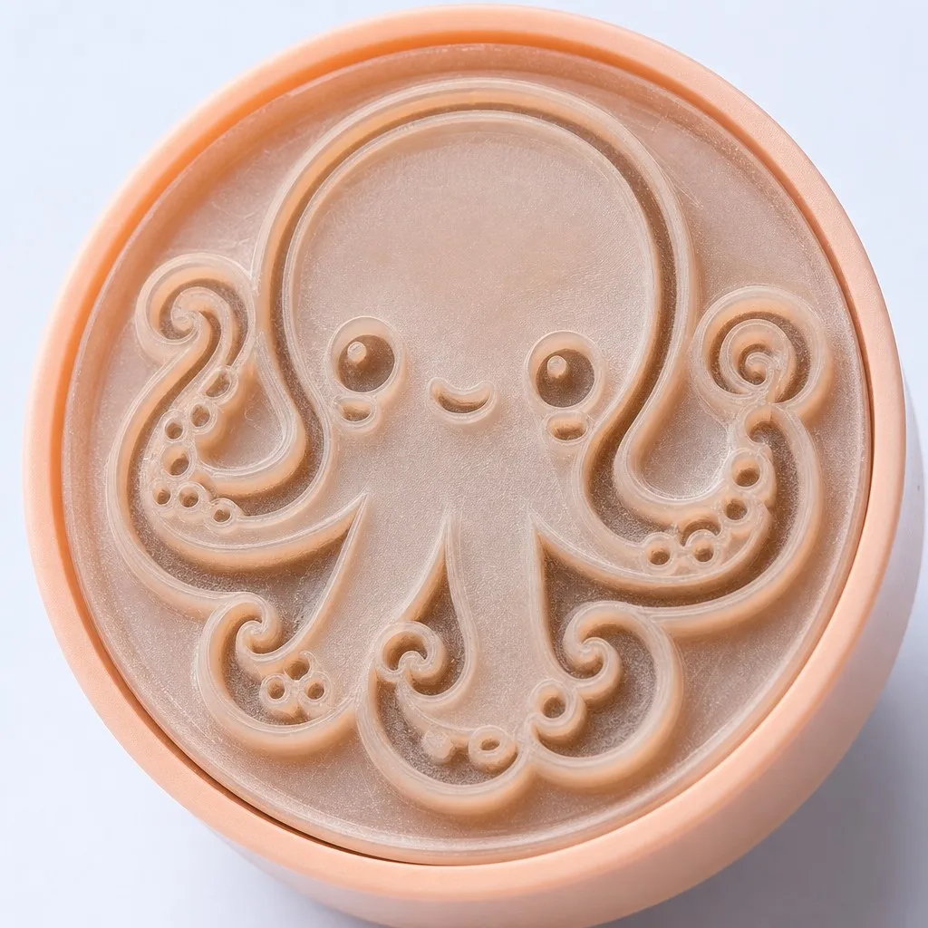 Extreme macro close-up of engraved octopus character stamp face showing detailed rubber carving