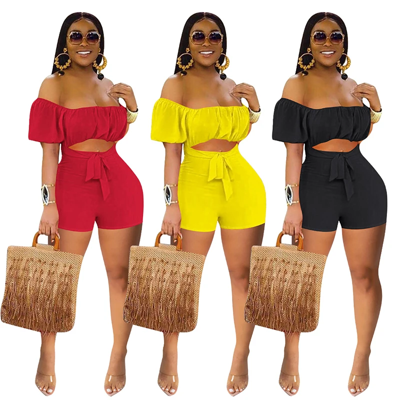 

Wholesale ladies summer collarless off shoulder crop top solid color shorts casual two piece sets for women clothing, Yellow,red,black