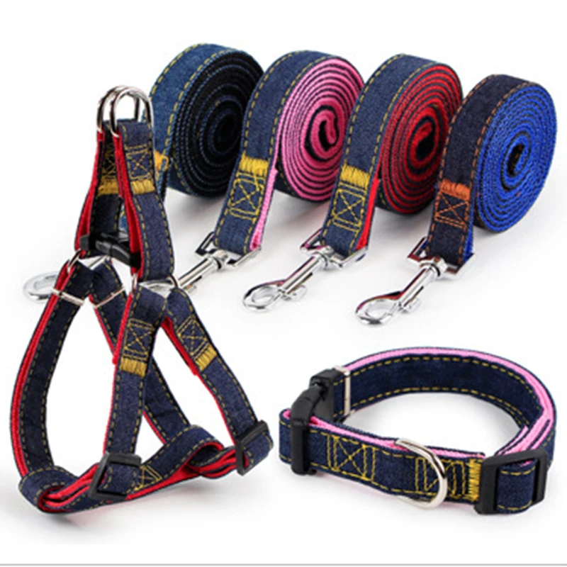 

Pet Products 120CM Jean Nylon Material Dog Harness Leash Collar Sets With Black/Red/Blue/Pink Color