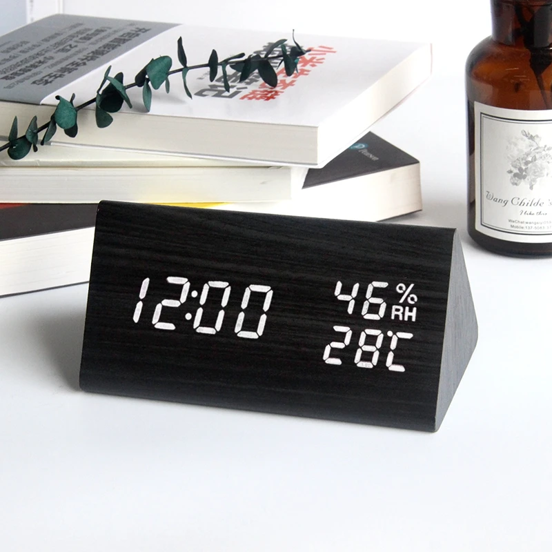 

LED Wooden Alarm Table Voice Control Digital Clock Temperature Humidity Display Wood Despertador Desktop Clocks USB/Starlights
