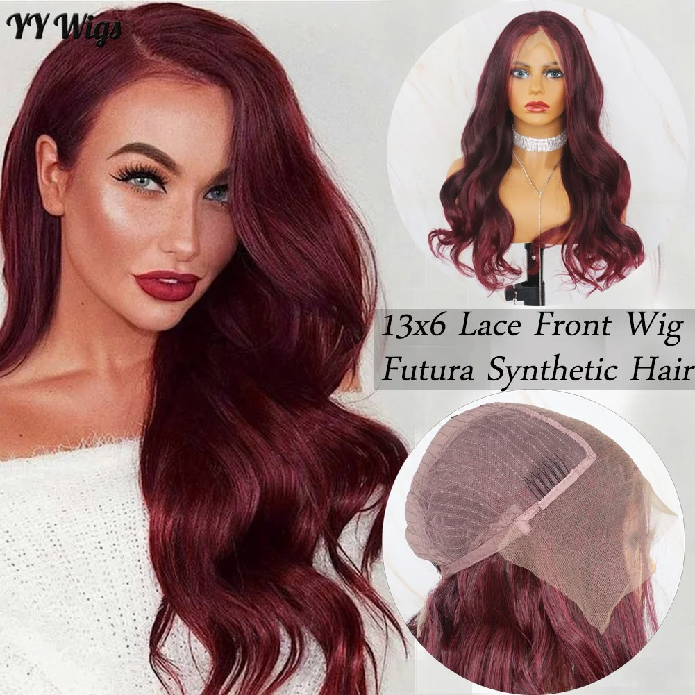 

Red Wine Mixed Black Color Lace Wig 13x6 Futura Synthetic Wig 180% Density for Women, Photo color