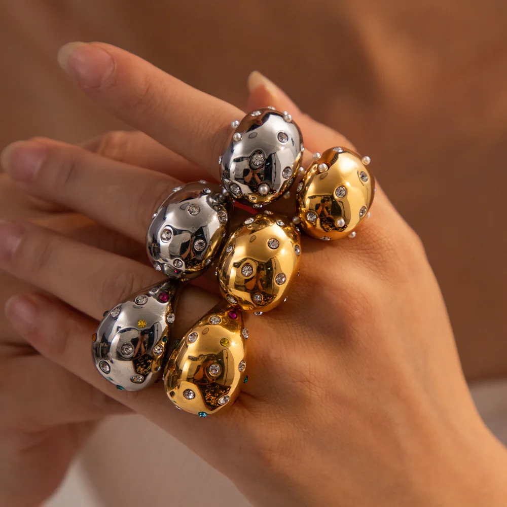 

Hollow Out Water Drop Rings Pearl Zircon Teardrop Open Rings 18k Gold Plated Stainless Steel Waterproof Jewelry For Women