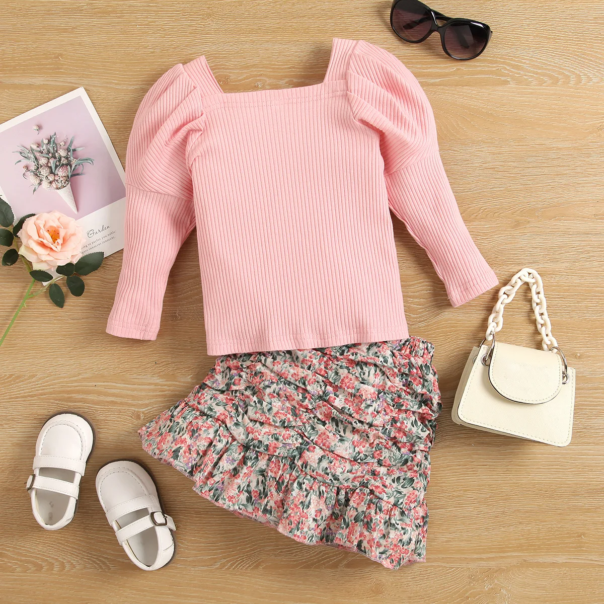 

boutique for kids 2Pcs Girl Clothes Sets Long Sleeve pink ribbed tops floral skirt casual Clothing Outfit set, As image shown