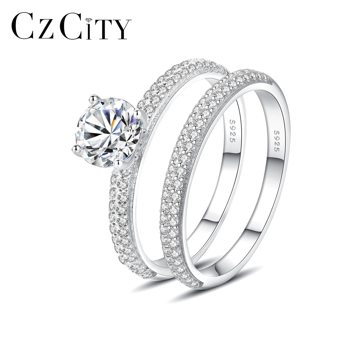 CZCITY Zircon Women Rings Sterling Silver Diamond Ring Jewelry For a Pair Two PC Ring Sets