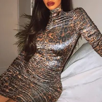 

R10522S Women's new arrival pleated leopard slim round neck long sleeve dress