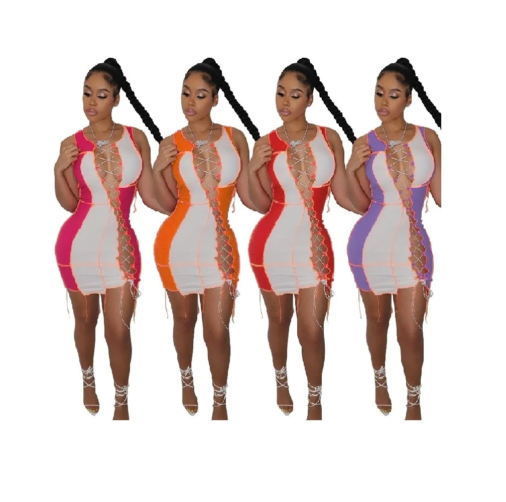 

2021 Summer Lace Up Patchwork Bandage Hollow Out Sleeveless Bodycon Dress Women Hollow Out Party Wear Club Dresses, Picture color