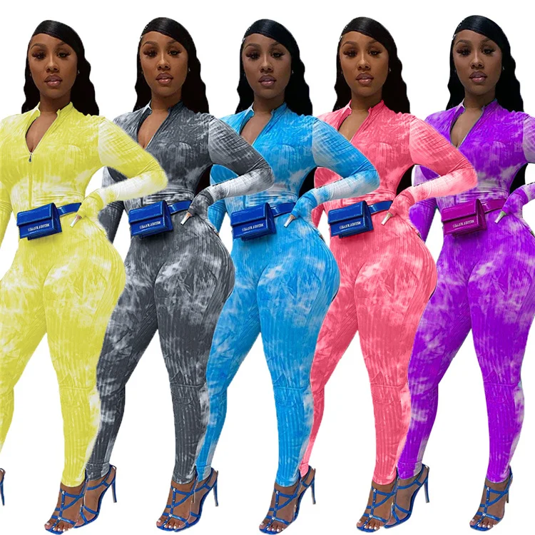 

Plus size wholesale fashion new designs print sports tights bodycon zipper long sleeve casual sports jumpsuit