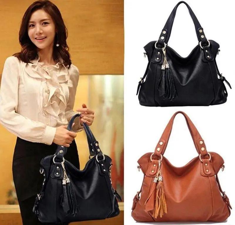

Women Lady PU Leather Handbag Shoulder Messenger Bag Tassels Evening Tote Hobo Bag, Brown,black
