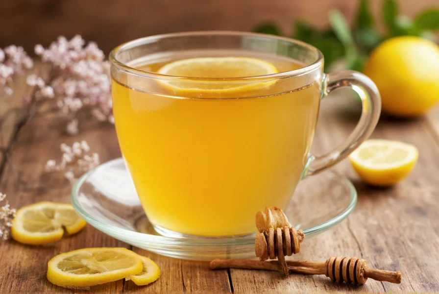 Fresh ginger honey lemon tea in a ceramic mug with ingredients