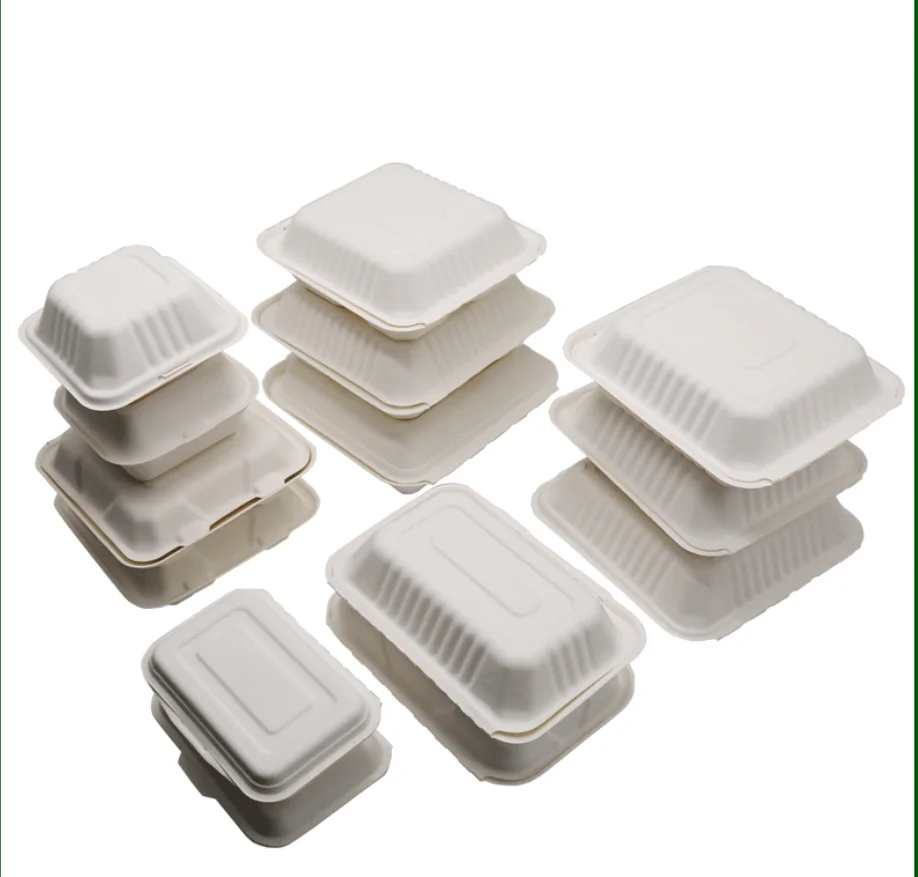 

Clamshell Takeaway Food Box Empaques De Bagazo Taper Biodegradable Disposable Plate Dish Bagasse and Bamboo Pulp Rectangle box, Natural/white