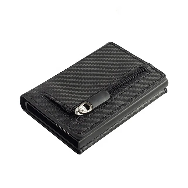 

RFID Blocking Slim Wallet Aluminum Pop Up Slide Credit Cards Holder carbon fiber Leather Front Pocket Wallet