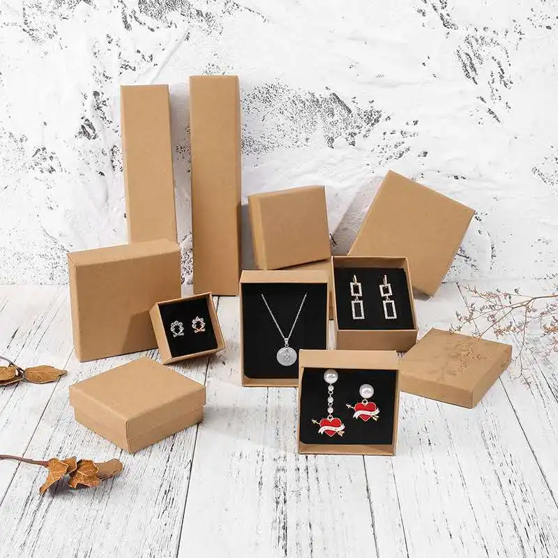 

High quality multi-size black brown kraft paper earrings necklace box custom logo printing kraft paper jewelry box, As picture