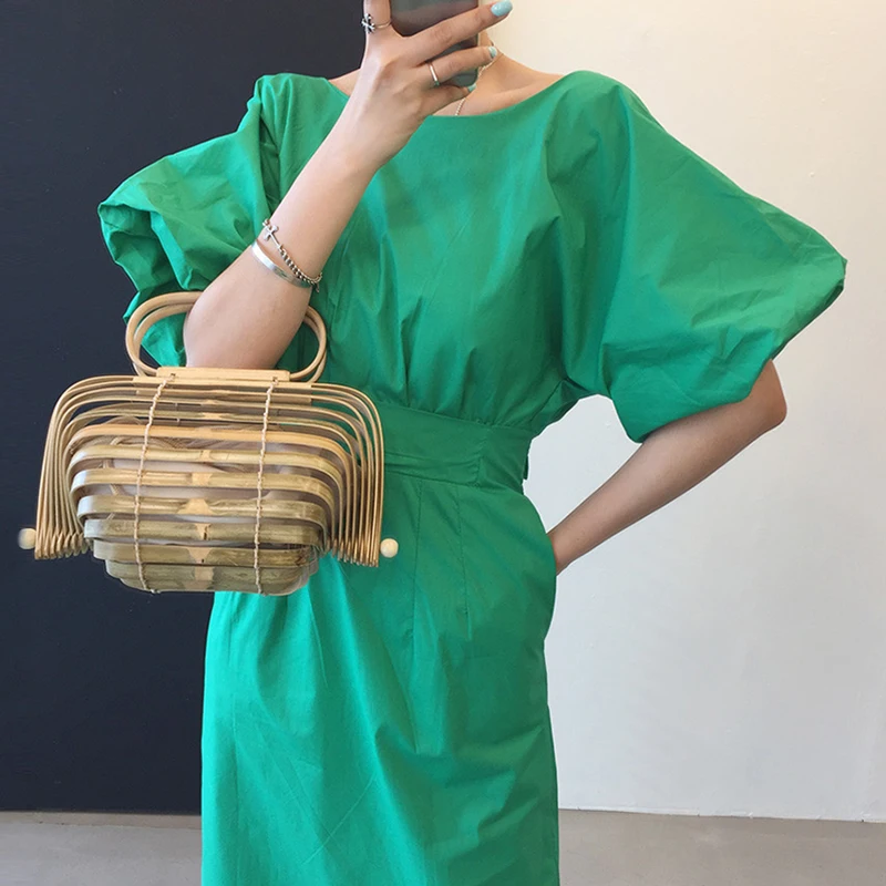 

Hot Sale 2021 Korean Summer Retro Candy Color Round Neck Machine Open Back Lace Lantern Sleeve Split Temperament Women Dress