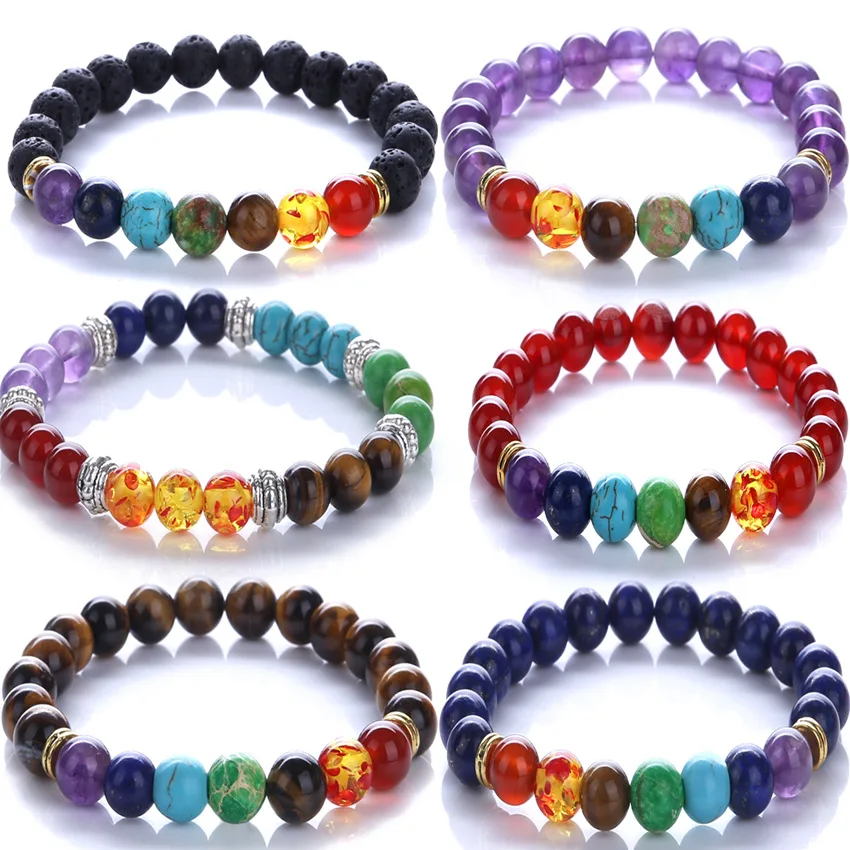 

Drop shipping Wholesale Men Women 8mm Lava Rock 7 Chakras Aromatherapy Essential Oil Diffuser Bracelets Braided Rope