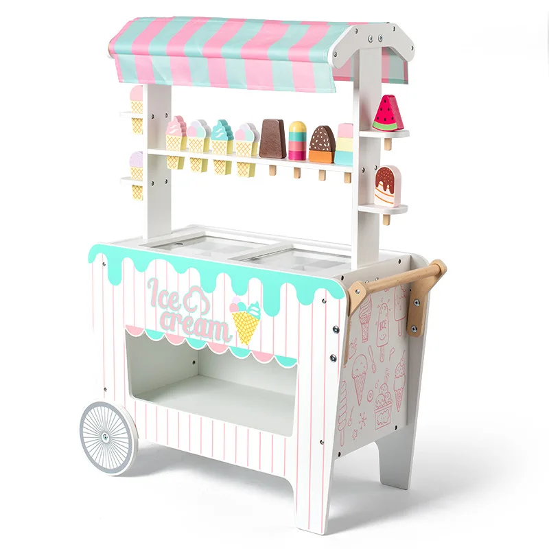 Custom Children Wooden Ice Cream Cart Pretend Shopping Canteen Educational Kitchen Toys for Kids