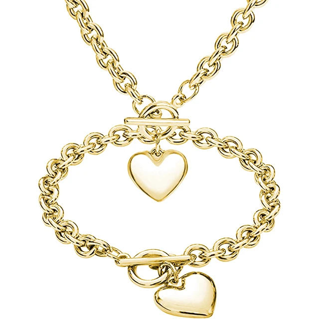 

Fashion Charm Heart Shape Thick Chain Pendant Bracelet and Necklace Set for Women, Silver gold