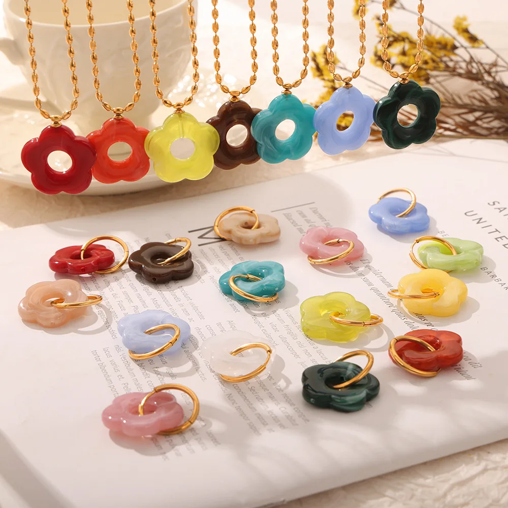 Joolim Jewelry 18K Gold Plated Green Blue Champagne Colorful Resin Flower Pendant Choker Necklace Dainty Earring Set