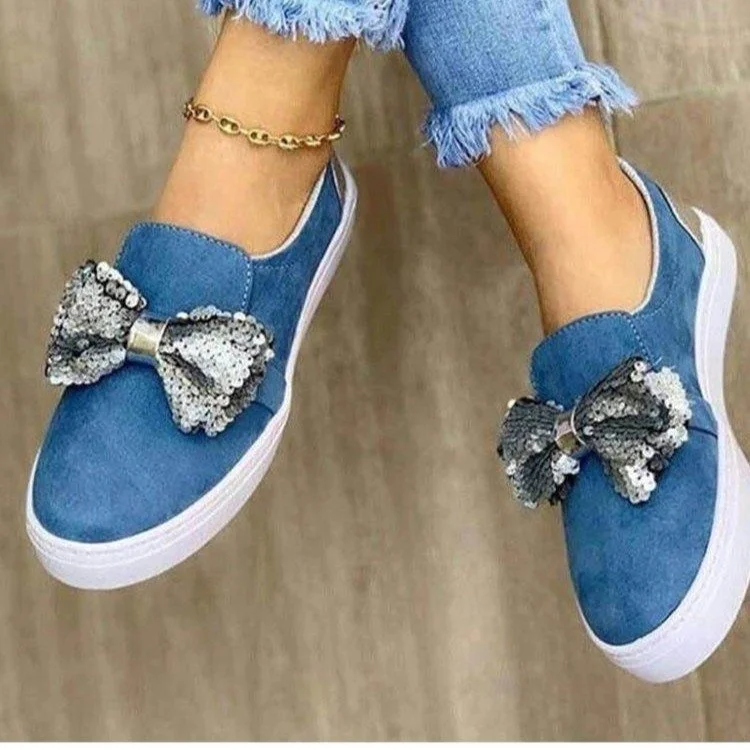 

2021 Fashion Trend New Arrival Flat Sole Solid Color Canvas Slip On Sequins Bow Large Size Causal Shoes For Women And Ladies, Black blue grey beige