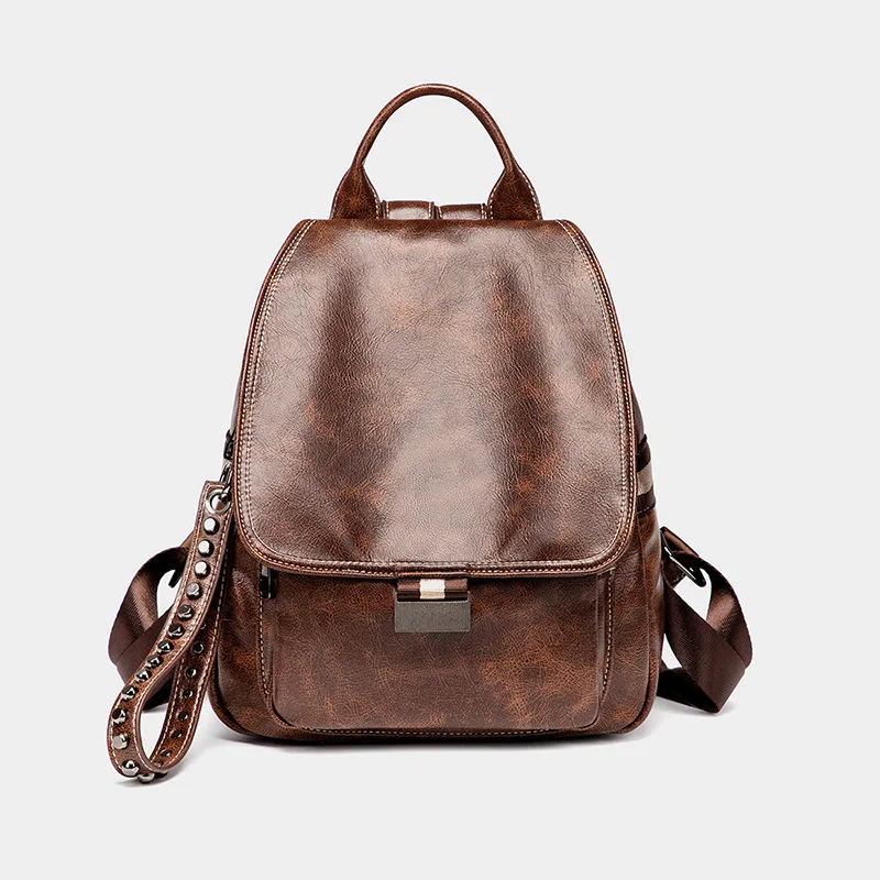 

factory wholesale fashion high quality leather travel women backpack unique design rivet shoulder purses women ladies bagpack, Brown