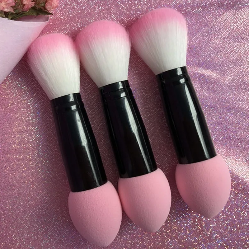 

Professional blusher brush 2 heads Nylon Make up Brushes Two Head Metal Cosmetic Tools with Sponge Pink Color drop shipping