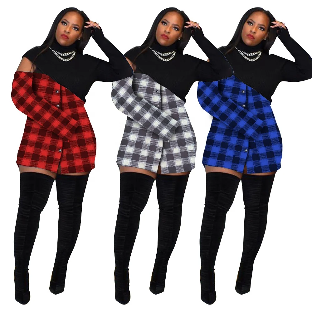 

LW-P8608 2021 Fall winter black and colour plaid long sleeve tops women plus size blouse