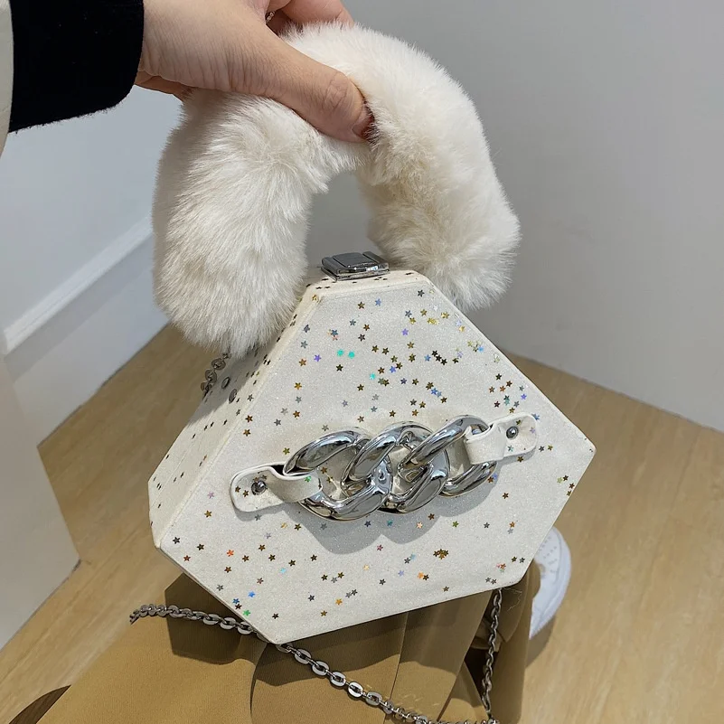 

2021 Luxury Sequin PU Leather Small jelly Handbag for Women Chain Shoulder Bags Fur Handle Tiny Coin Tote Purse Bling Handbags