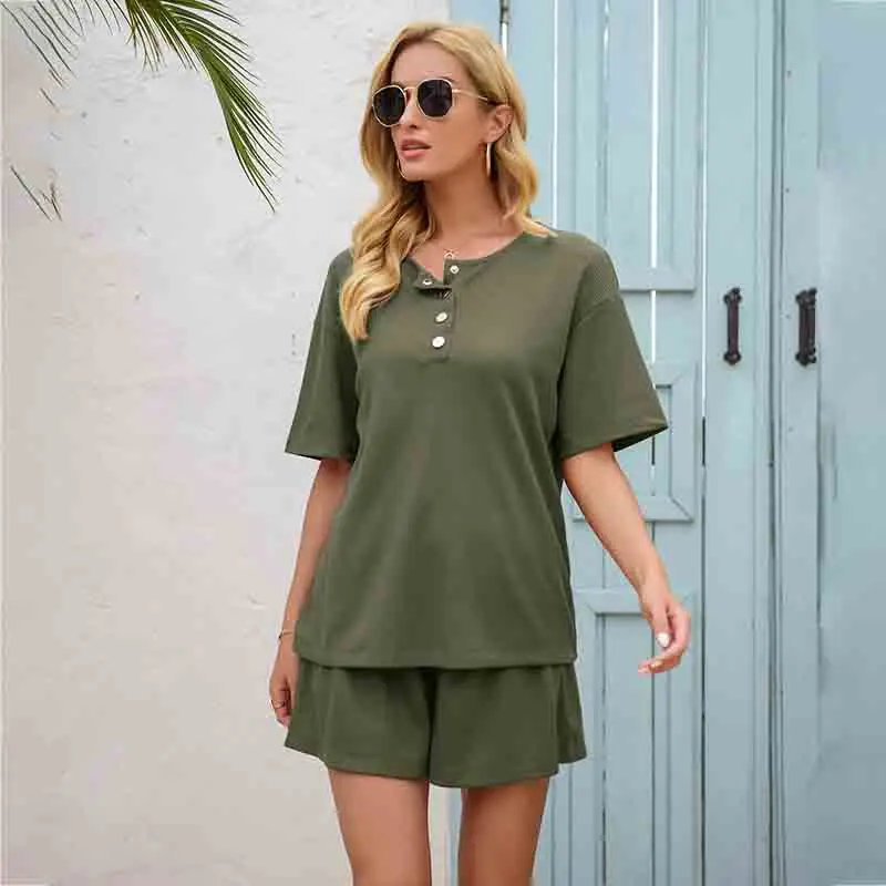 

Summer Women's Suit Two Pieces Tracksuit Short Sleeve Sports Suits Women 2021 Casual Tracksuits Elastic Waist Lady Set
