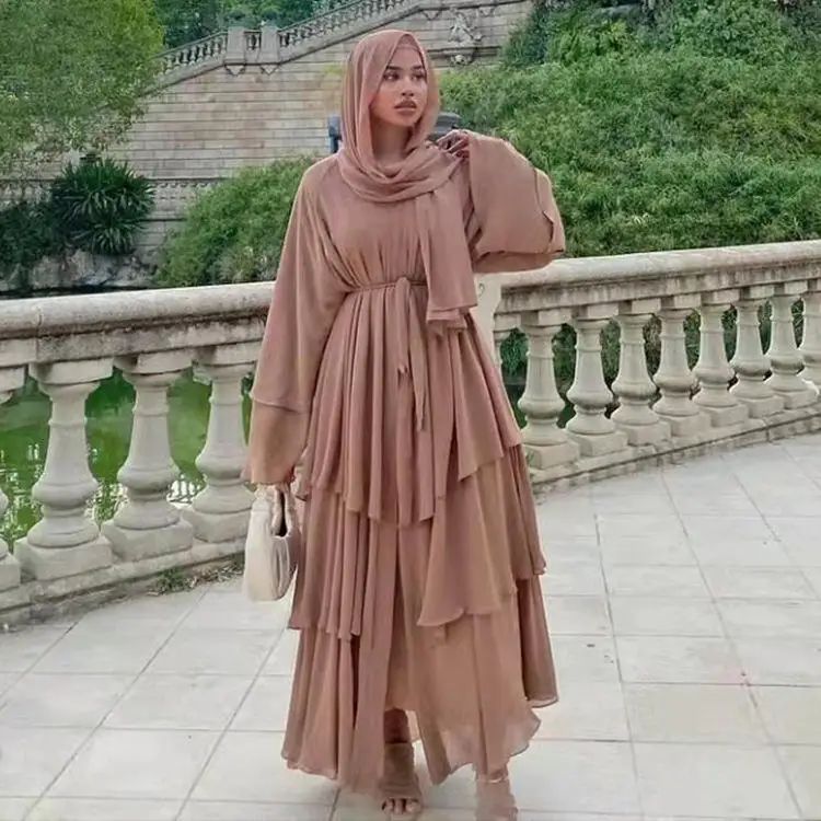 

Dubai Turkey Arab Oman Elegant Chiffon Kimono for Women Muslim Solid Color 3 Layers Open Islamic Clothing Muslim Dresses Abaya