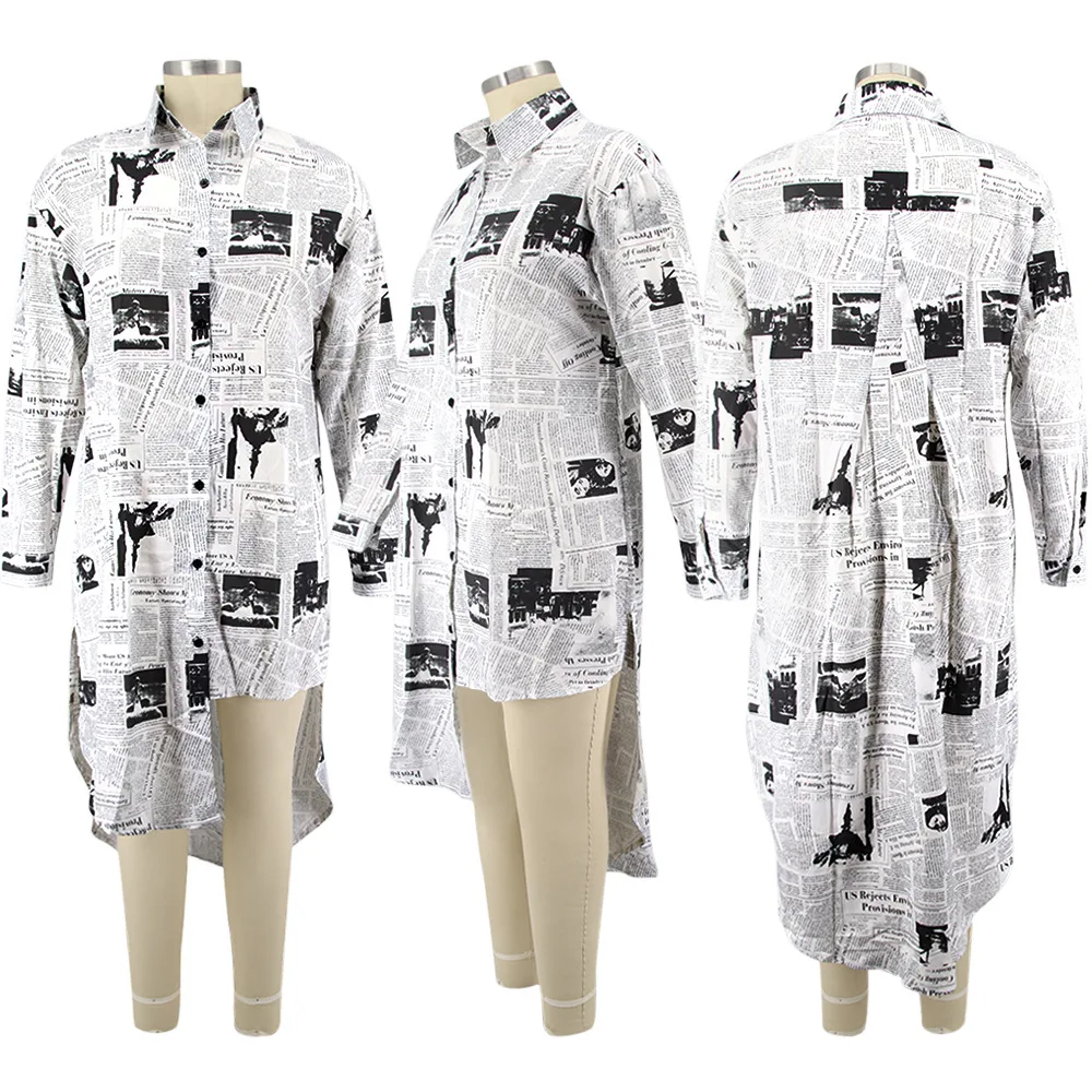 

Hot style women's dress with fat lapel newspaper printed irregular blouse skirt