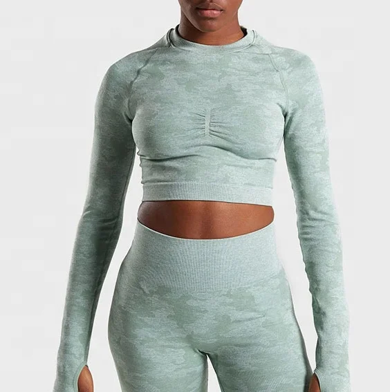 

Bulk Workout Top Seamless Gym Camouflage Shirt Yoga Fitness Long Sleeve Crop Top