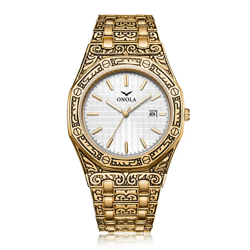 

Onola Casual Wrist Watches Luxury Golden Business Watches 2020 New Brand Gold Engraved Mens Hot Sale Vintage Carved Male Glass