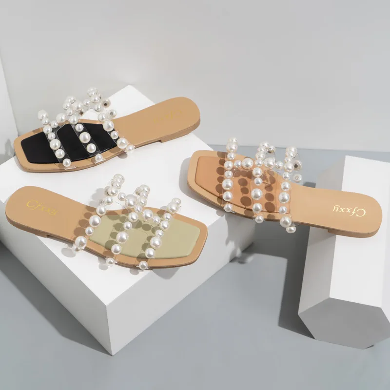 

Luxury Ladies Flat Shoes Elegant Pearl Slide Slipper Outdoor Cheap Beach Sandal 2021 Fashion Women Shoes