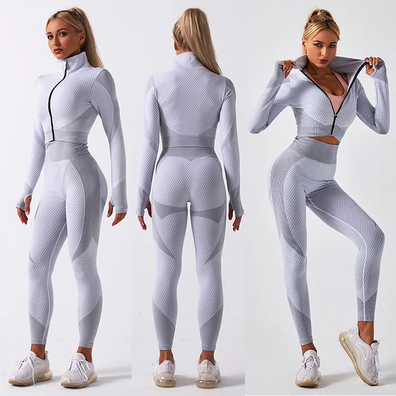 

3 piece seamless activewear workout gym sports wear Long Sleeve Zipper Up Cropped Jacket yoga top and pants set, Customized colors